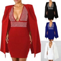 Sexy Backless Deep V-neck Sequin Spliced Dress + Shawl Cardigan Two-piece Set 