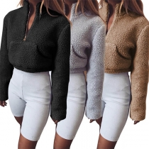 Fashion Long Sleeve Stand Collar Faux Cashmere Short-style Sweatshirt