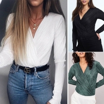 Sexy Deep V-neck Long Sleeve Wrinkled Bodysuit