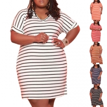 Fashion Short Sleeve Round Neck Loose Striped Dress