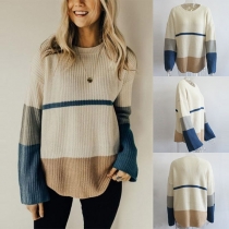 Fashion Contrast Color Long Sleeve Round Neck Arc Hem Sweater 