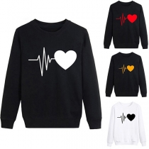 Fashion Heart Printed Long Sleeve Round Neck Sweatshirt 