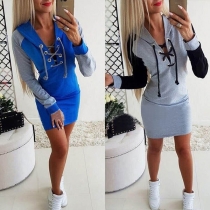Fashion Contrast Color Long Sleeve Lace-up V-neck Hooded Dress