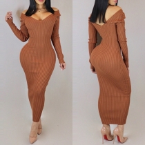 Sexy Backless V-neck Long Sleeve Solid Color Slim Fit Dress