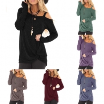 Sexy Off-shoulder Long Sleeve Twisted Hem Solid Color T-shirt 