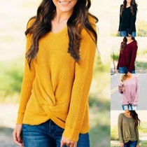 Fashion Solid Color Long Sleeve V-neck Twisted Sweater