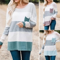 Fashion Long Sleeve Round Neck Contrast Color Striped Sweater 