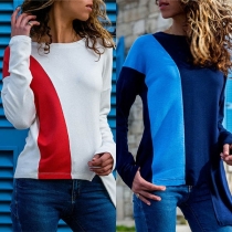 Fashion Contrast Color Long Sleeve Round Neck Irregular Hem T-shirt 