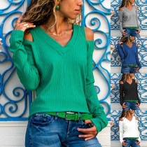 Sexy Off-shoulder Long Sleeve V-neck Knit Top