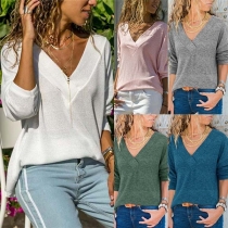 Sexy V-neck Long Sleeve Solid Color Loose Knit Top 