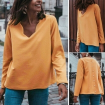 Fashion Solid Color Long Sleeve Wavy V-neck Back-button Sweatshirt 