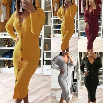 Sexy V-neck Long Sleeve Solid Color Single-breasted Slim Fit Dress