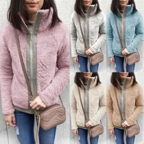Fashion Contrast Color Long Sleeve Stand Collar Plush Coat 