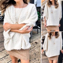 Fashion Solid Color 3/4 Sleeve Round Neck Loose Plush Top 