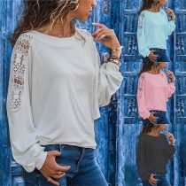 Sexy Hollow Out Lace Spliced Long Sleeve Round Neck Loose T-shirt