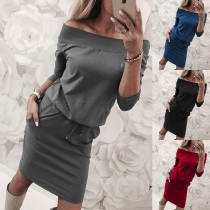 Sexy Off-shoulder Boat Neck Long Sleeve Solid Color Slim Fit Dress