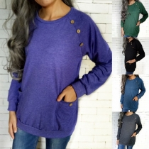 Fashion Solid Color Long Sleeve Round Neck Side-button T-shirt 