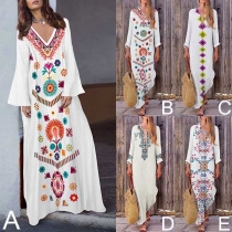 Ethnic Style Printed Long Sleeve V-neck Irregular Hem Maxi Dress