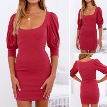 Elegant Solid Color Half Sleeve U-neck Slim Fit Dress