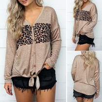 Fashion Leopard Spliced Long Sleeve V-neck Lace-up Hem Top 