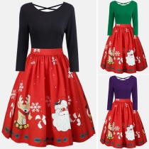Fashion Santa Claus Printed Long Sleeve Round Neck Contrast Color Dress