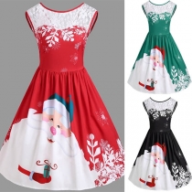 Sexy Backless Lace Spliced Sleeveless Santa Claus Printed Dress