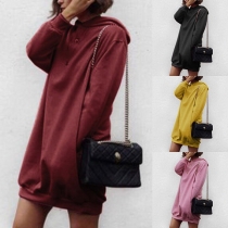 Fashion Solid Color Long Sleeve Hooded Loose Sweatshirt Dress