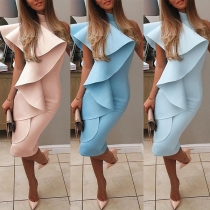 Sexy Sleeveless Mock Neck Solid Color Slim Fit Ruffle Party Dress