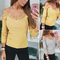 Sexy Off-shoulder Long Sleeve Solid Color Ruffle Sling Top 