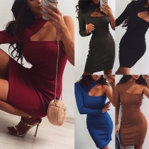 Sexy Hollow Out One-shoulder Long Sleeve Solid Color Tight Dress