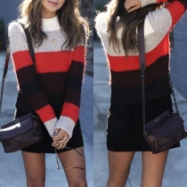 Fashion Round Neck Long Sleeve Multicolor Striped Knit Top