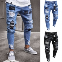 Fashion Middle-waist Embroidery Spliced Ripped Men's Jeans 