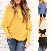 Sexy Off-shoulder Boat Neck Long Sleeve Solid Color Loose Top