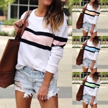 Sweet Contrast Color Round-neck Long Sleeve Slim Fit Striped Shirt