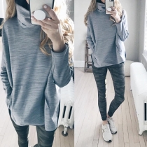 Fashion Solid Color Long Sleeve Turtleneck Slit Hem Sweatshirt 