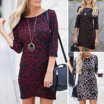 Fashion Leopard Print 3/4 Sleeve Round Neck Slim Fit Dress