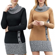 Fashion Contrast Color Long Sleeve Turtleneck Slim Fit Sweater Dress