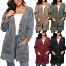 Fashion Solid Color Long Sleeve Front-pocket Plush Cardigan 