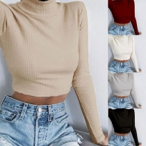 Sexy Long Sleeve Turtleneck Solid Color Knit Crop Top 