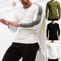 Fashion Contrast Color Long Sleeve Round Neck Men's T-shirt 