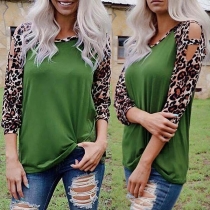 Sexy Off-shoulder Leopard Spliced Long Sleeve Round Neck T-shirt