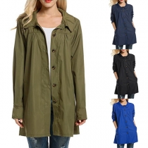 Fashion Solid Color Button Front Long Sleeve Hooded Raincoat