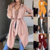 Fashion Drape Lapel with Waistband Solid Color Long Sleeve Cardigan Coat