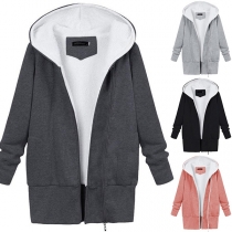 Fashion Solid Color Long Sleeve Side-zipper Hooded Sweatshirt Coat 