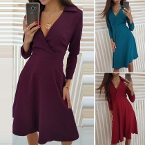 Sexy Deep V-neck Long Sleeve High Waist Solid Color A-line Dress