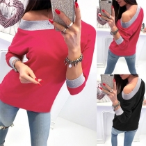 Sexy Oblique Shoulder Long Sleeve Contrast Color Sweatshirt 