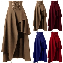 Fashion Lace-up High Waist Irregular Hem Solid Color Skirt