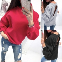 Sexy Backless Long Sleeve Round Neck Solid Color Sweatshirt 