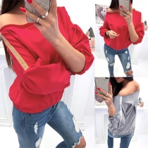 Sexy Oblique SHoulder Contrast Color Puff Sleeve Sweatshirt 