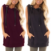 Fashion Solid Color Sleeveless Hooded Loose Top 
